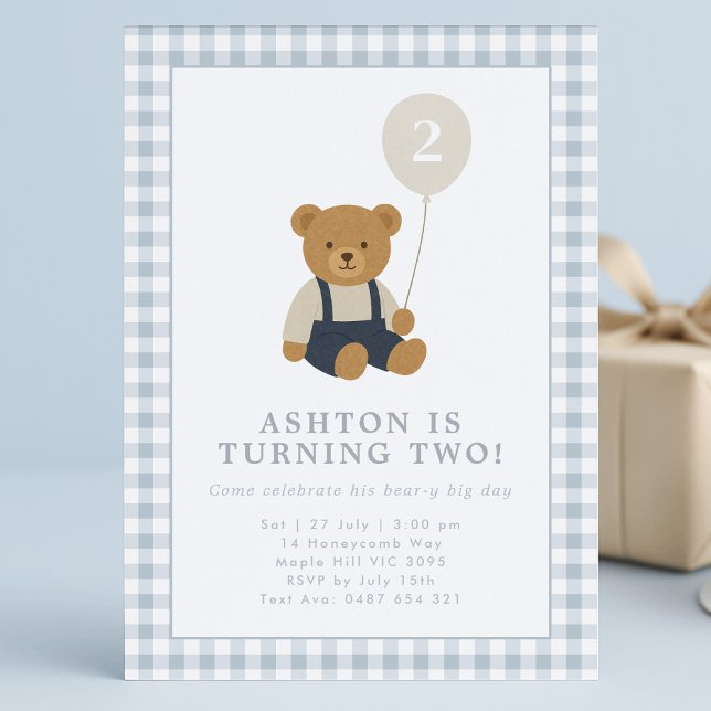 Bleu clair En vichy Ours En Teddy Invitation Anniv (Créateur téléchargé)
