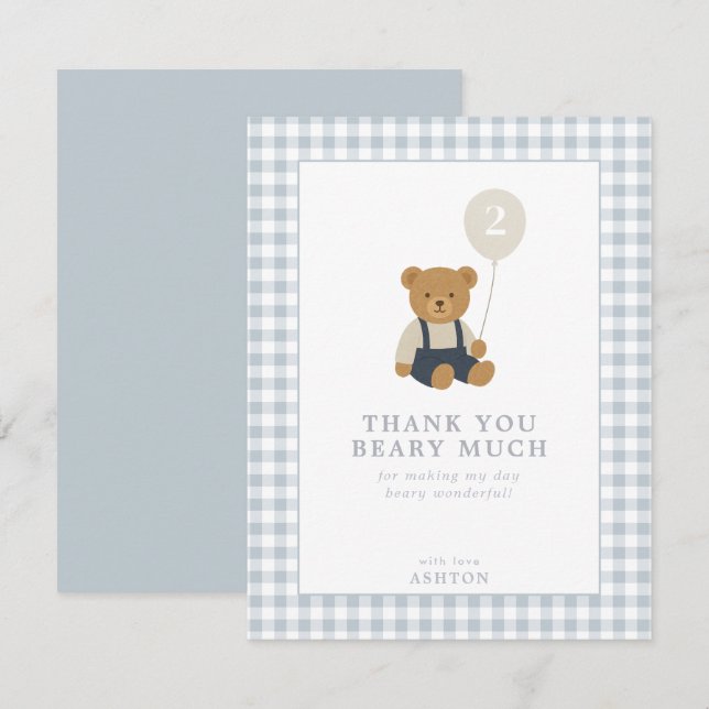 Bleu clair En vichy Teddy Bear carte de remercieme (Devant / Derrière)