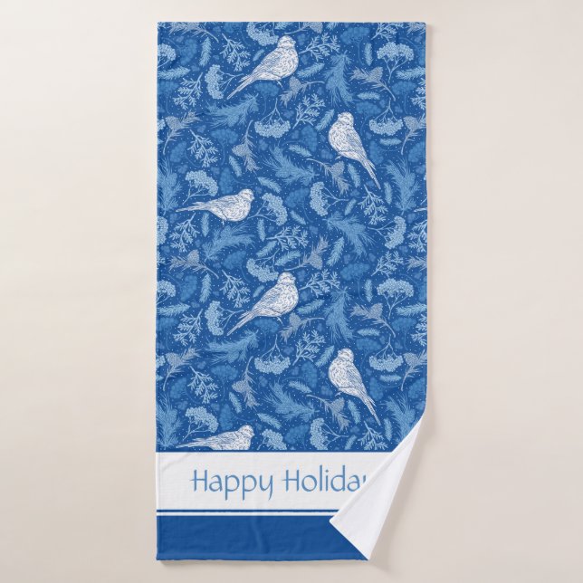Bleu clair et blanc hivernal Oiseaux motifs florau (Serviette de bain)