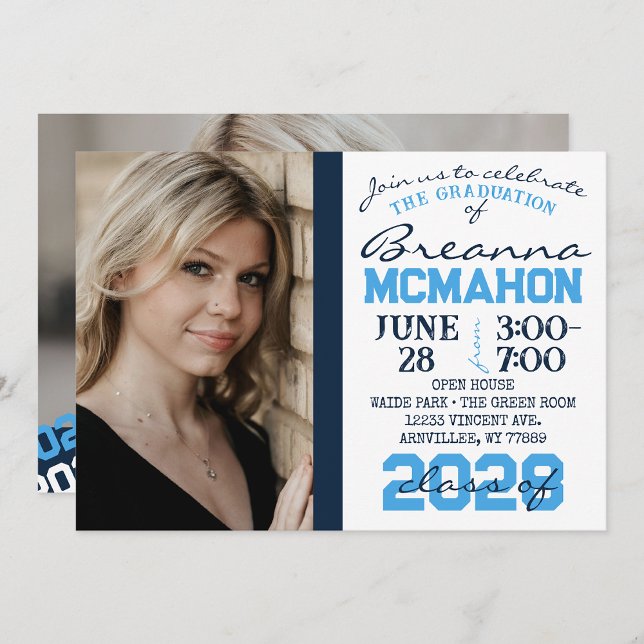 Bleu clair et marine Graduation 2 Invitation photo (Créateur téléchargé)