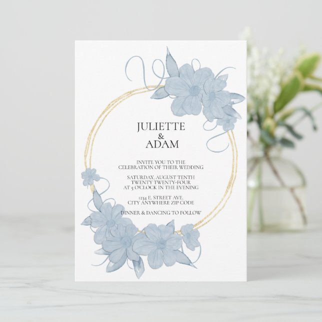 Bleu clair et or Faire-part de mariage florale (Debout devant)