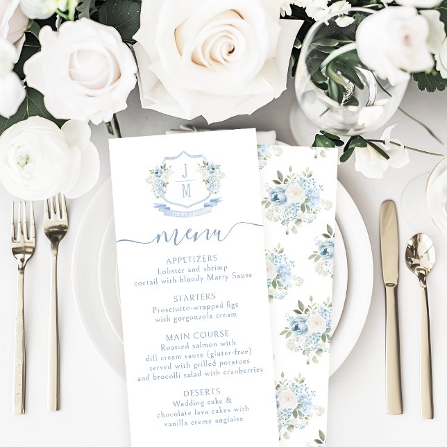 Bleu clair Floral Crest Mariage Menu Cartes (Créateur téléchargé)