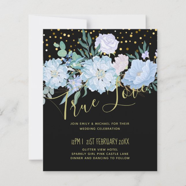 Bleu clair Floral Noir Moderne Budget Mariage (Devant)