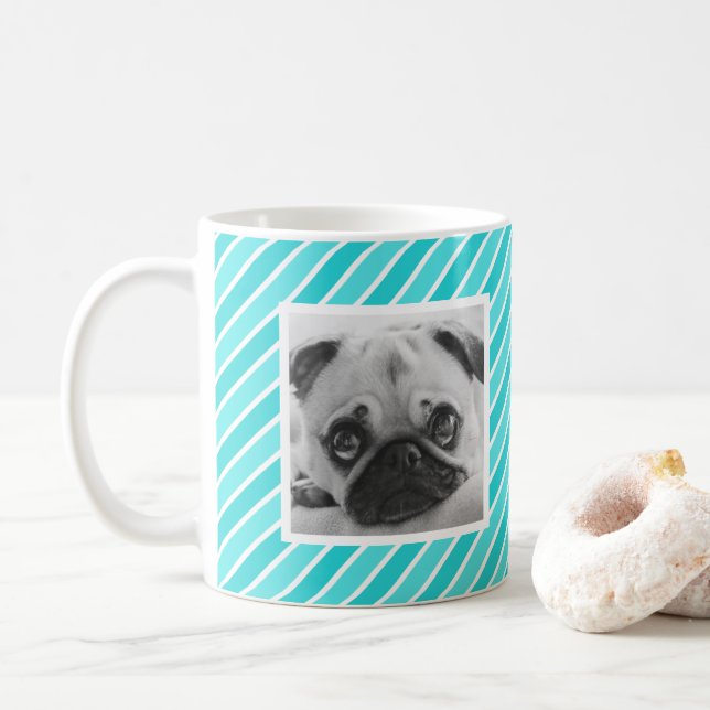Bleu clair Motif de bande photo personnalisée Mug (Avec donut)