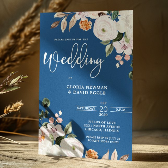 Bleu classique Faire-part de mariage florale blanc (Créateur téléchargé)
