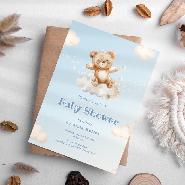 Bleu Cloud Bear Baby shower Invitation (Créateur téléchargé)