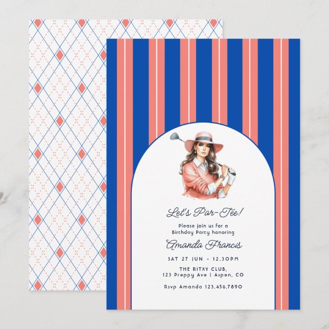 Bleu Cobalt, Corail & Blanc Invitation d'anniversa (Devant / Derrière)