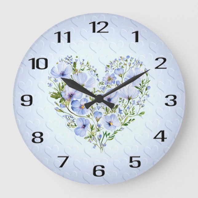 Bleu Coeur Floral Horloge murale (Recto)