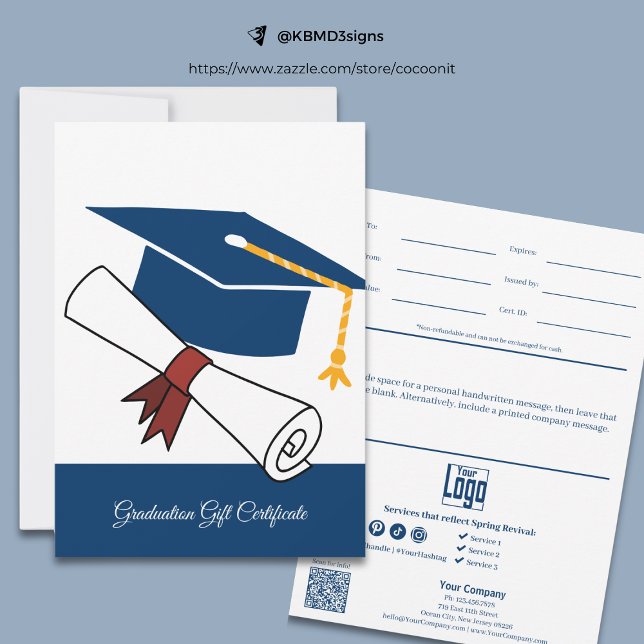 Bleu commercial Certificat cadeau de diplôme blanc (Business Blue White Graduation Gift Certificate)