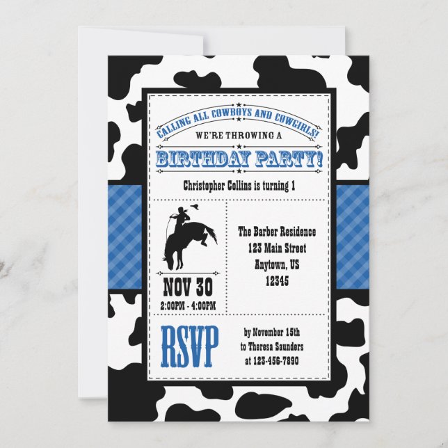 Bleu Cowhide Cowboy Invitation Anniversaire (Devant)