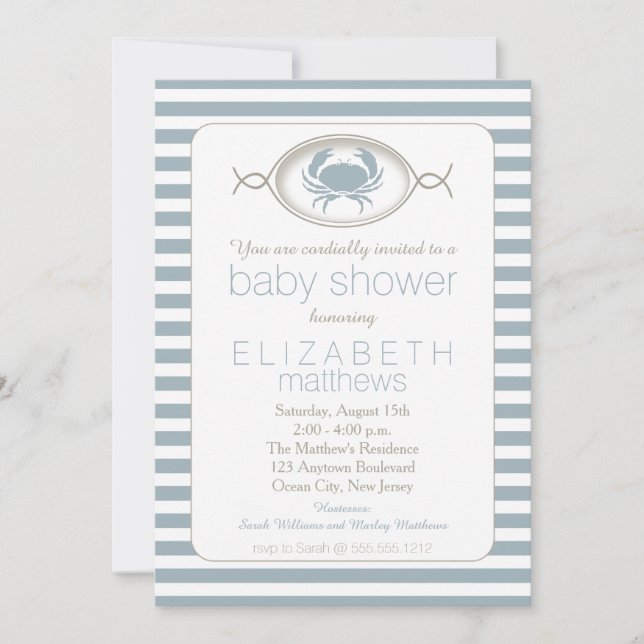Bleu crabe nautique Baby shower rayé Invitation (Devant)