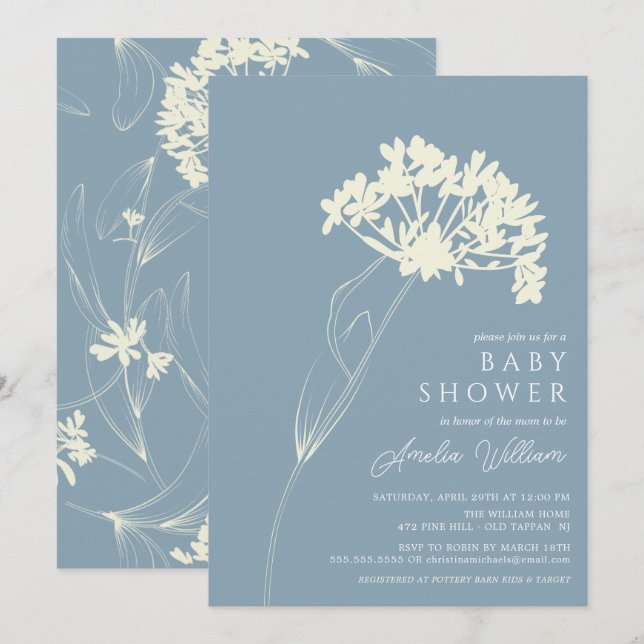 Bleu & Crème Moderne Baby shower Floral Invitation (Devant / Derrière)