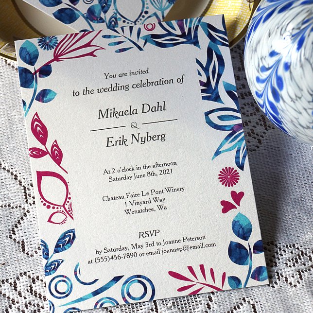 Bleu cristal et Faire-part de mariage rose profond (Magenta & Blue Leaves & Flowers Decorative Border Wedding Invitation)