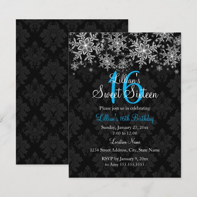 Bleu Cristal Snowflake Sweet 16 Invitation (Devant / Derrière)