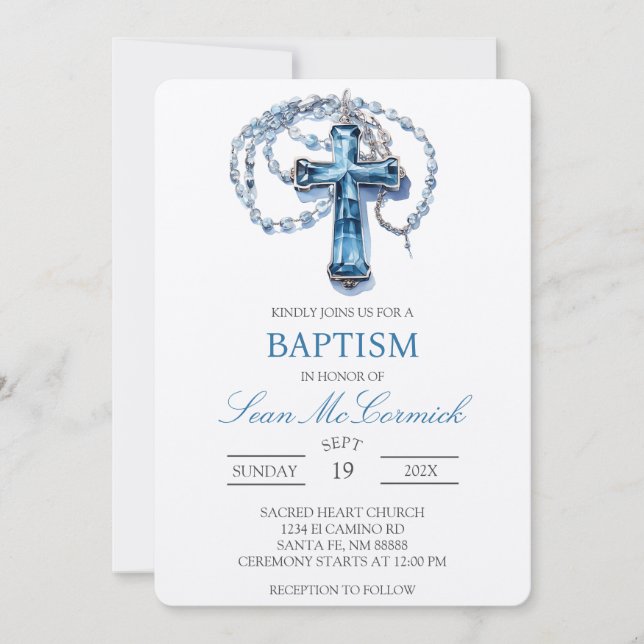 Bleu Crucifix baptême Invitation (Devant)