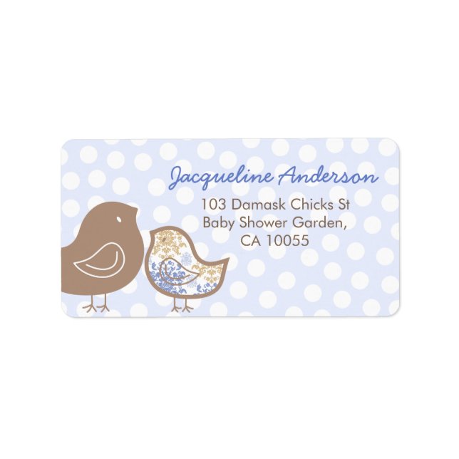 Bleu Damask Chicks Garçon Baby shower Étiquettes d (Devant)
