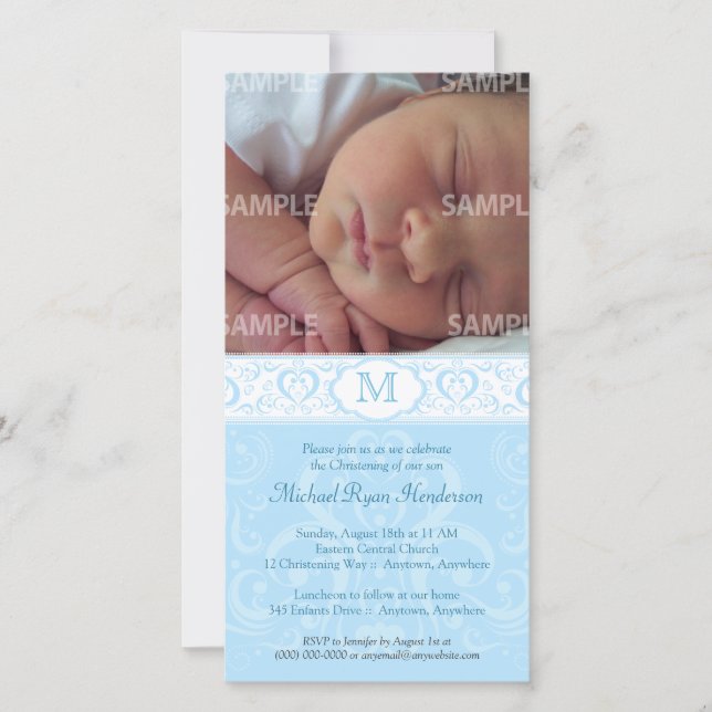 Bleu Damask Monogramme Baptême/Christening (Devant)
