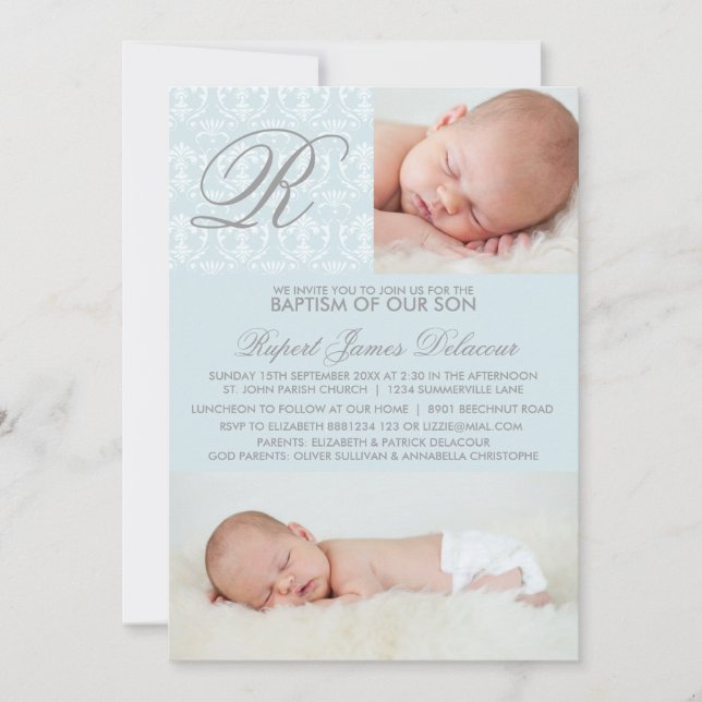 Bleu Damask Monogramme Baptême Photo Invitation (Devant)