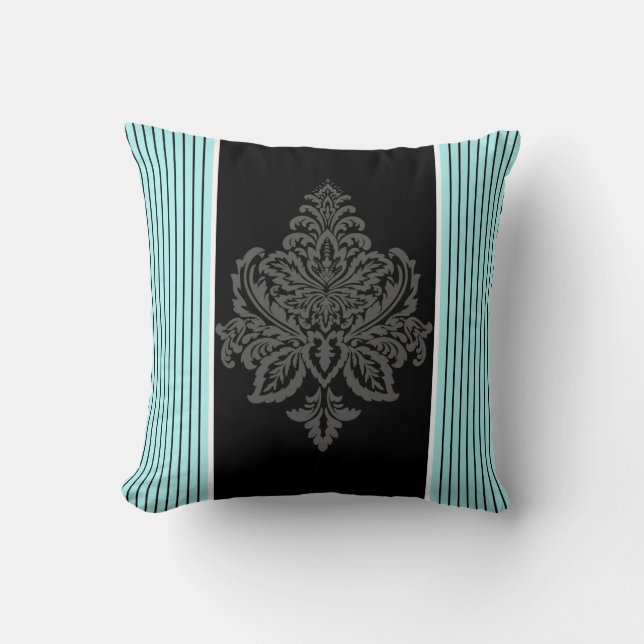 Bleu, damassé & rayures noires lancer oreiller (Recto)