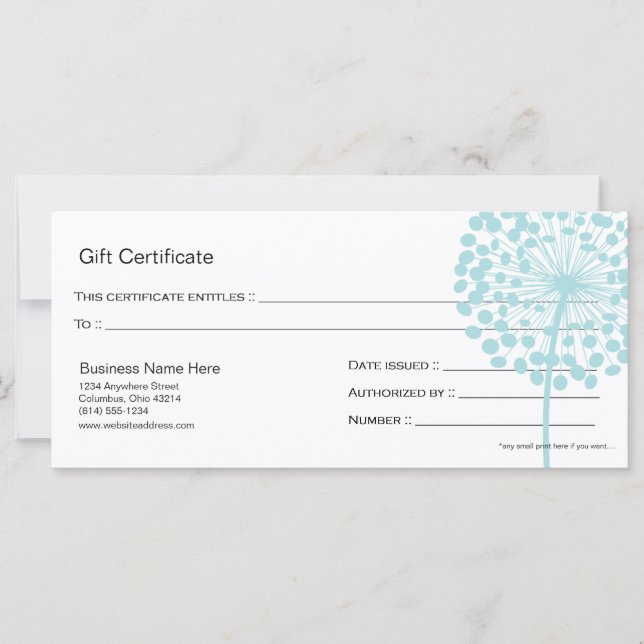 Bleu Dandelion Fleur Certificat Cadeau Design 4 (Devant)