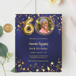 Bleu de la marine étoile d'or photo invitation 60e<br><div class="desc">Une invitation photo moderne et design pour une fête du 60e anniversaire. Un arrière - plan bleu marine,  décoré d'étoiles dorées. La couleur bleue est inégale. Personnalisez et ajoutez vos photos et détails de fête. 1 feuille = 1 invite imprimé bord à bord.</div>