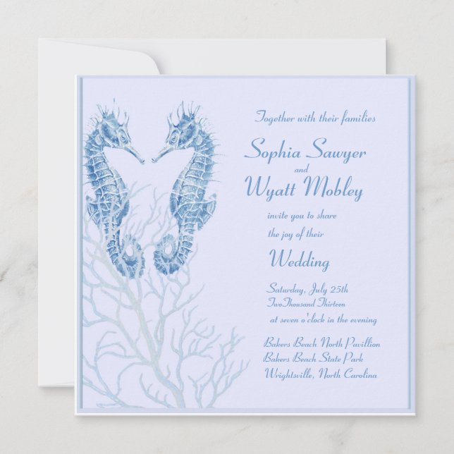 bleu de mariage de plage d'hippocampe - invitation (Devant)