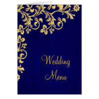 Bleu de menu de mariage et carte de brocard d'or