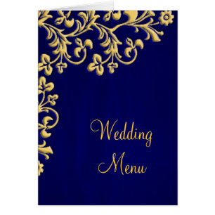 Bleu de menu de mariage et carte de brocard d'or
