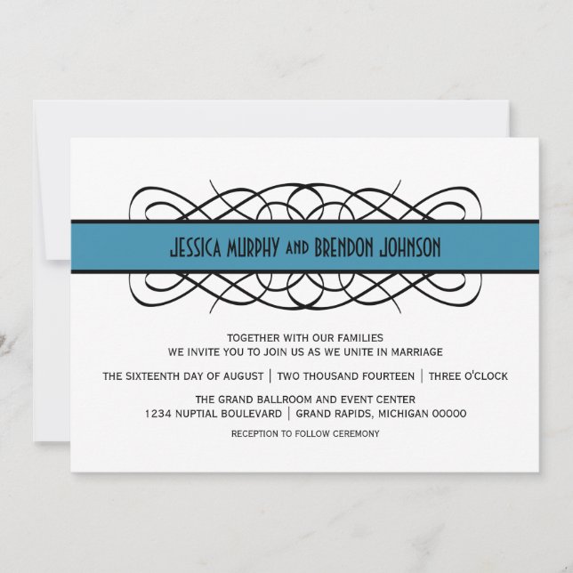 Bleu Déco Flourish Wedding Invitation (Devant)