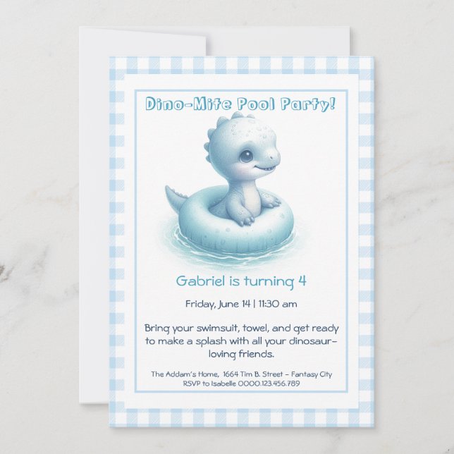 Bleu Dino-Mite Anniversaire Pool Party Invitation (Devant)