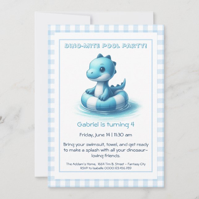 Bleu Dino-Mite Anniversaire Pool Party Invitation (Devant)