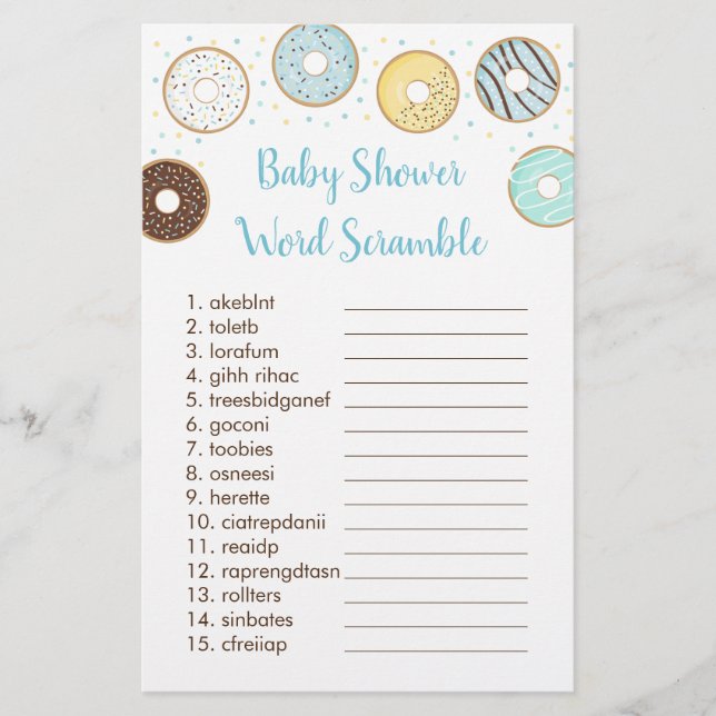 Bleu Donut Baby shower Word Scramble Jeu (Devant)