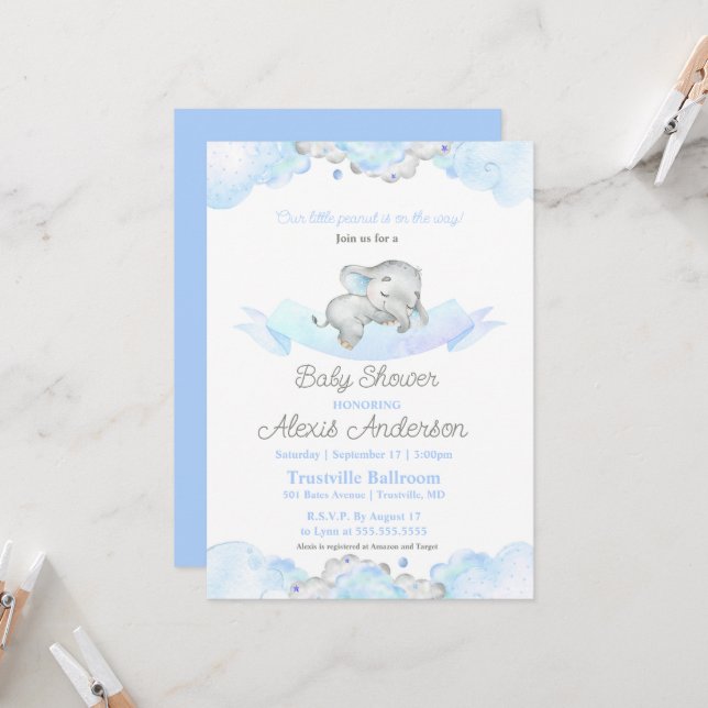 Bleu dormant bébé éléphant Baby shower Invitation (Devant/Arrière en situation)
