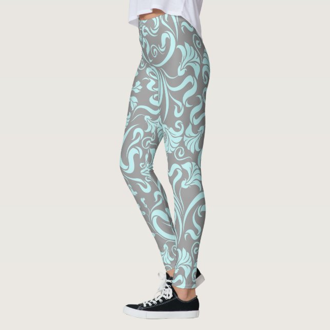 Bleu Doux Flore Gris Arrière - plan Legging (Gauche)