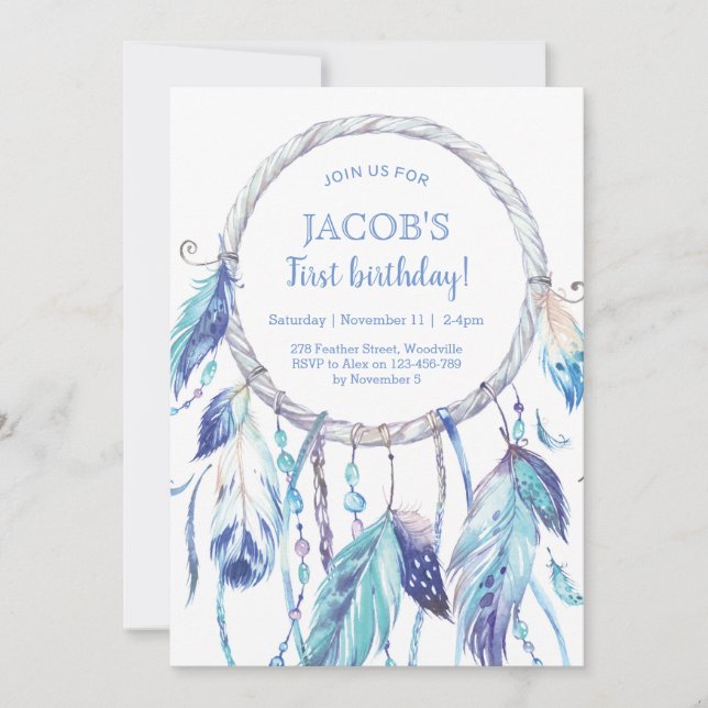 Bleu Dream Catcher Invitation Anniversaire (Devant)