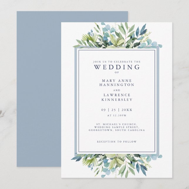 Bleu Duché Eucalyptus Faire-part de mariage (Devant / Derrière)