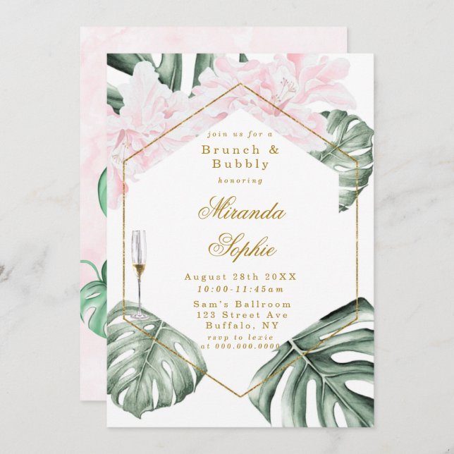 Bleu Dusty et Berry Or Brunch & Bubbly Invitations (Devant / Derrière)