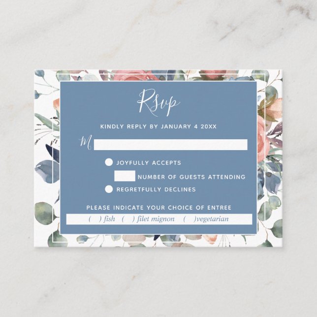 Bleu Dusty et verdure, Blissful Floral carte RSVP (Devant)