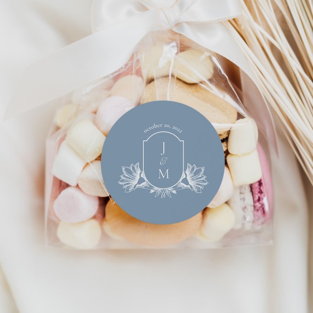 Bleu Dusty Mariage Crest Étiquettes ronds (Créateur téléchargé)