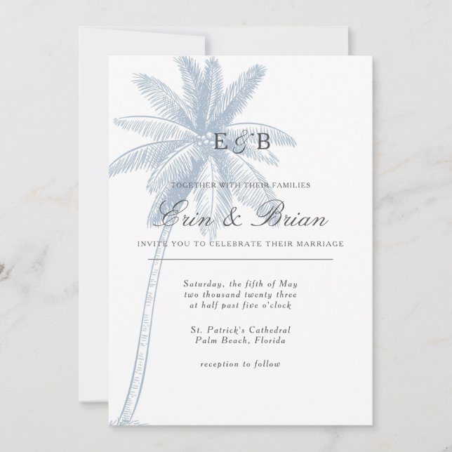 Bleu Dusty Palm Tree Faire-part de mariage minimal (Devant)