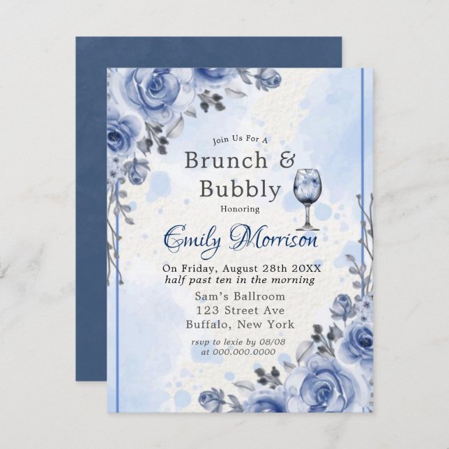 Bleu Dusty Peony Brunch & Bubbly Invitation (Devant / Derrière)