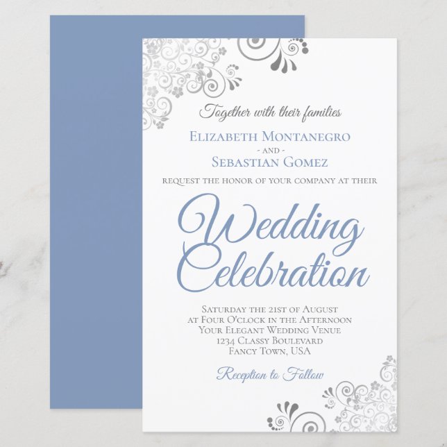 Bleu Dusty sur Blanc BUDGET Mariage Inviter Grand (Devant / Derrière)