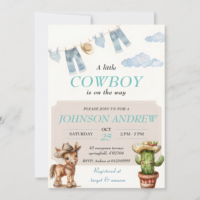 Bleu Elegant Cowboy Baby shower Invitation (Devant)