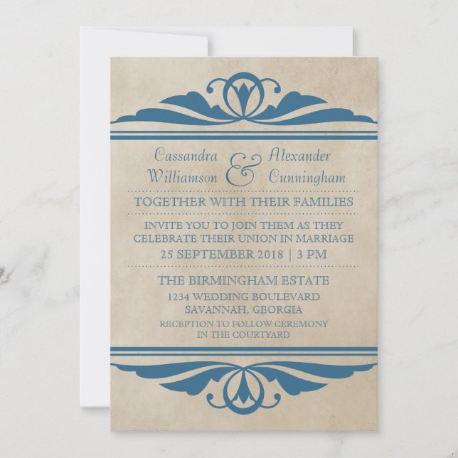 Bleu Elegant Déco Mariage Invitation (Devant)