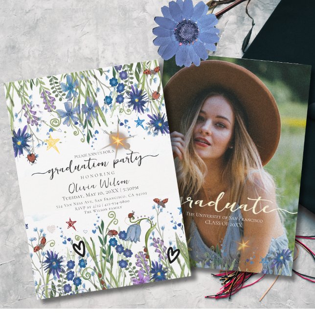 Bleu Élégant et Invitation de Remise de Diplôme Fl (Elegant Blue and Navy Floral & Photo Graduation Invitation)