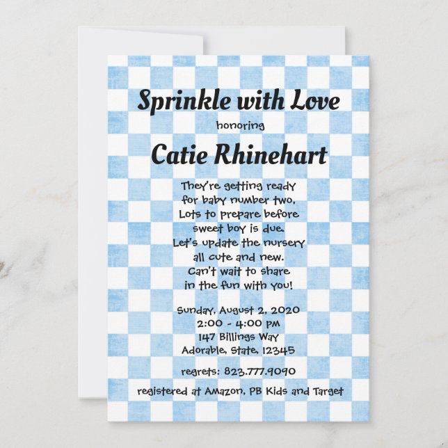 Bleu En vichy Baby Boy Shower Sprinkle Invitation (Devant)
