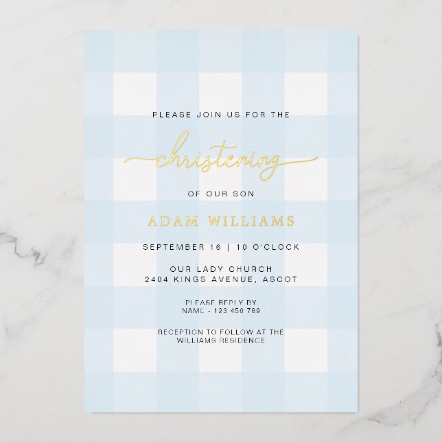 Bleu En vichy Christening Gold Foil Invitation (Recto)