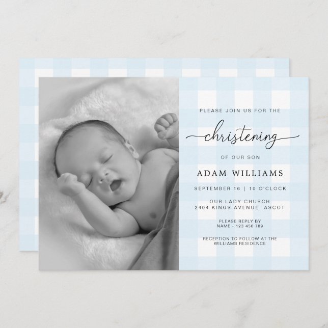 Bleu En vichy Photo Christening Invitation (Devant / Derrière)