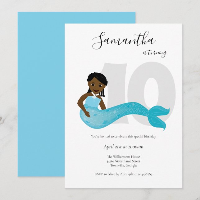 Bleu Enfants Sirène Anniversaire Invitation (Devant / Derrière)