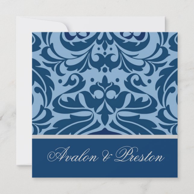 Bleu et Argent Damask Élégante invitation de maria (Devant)